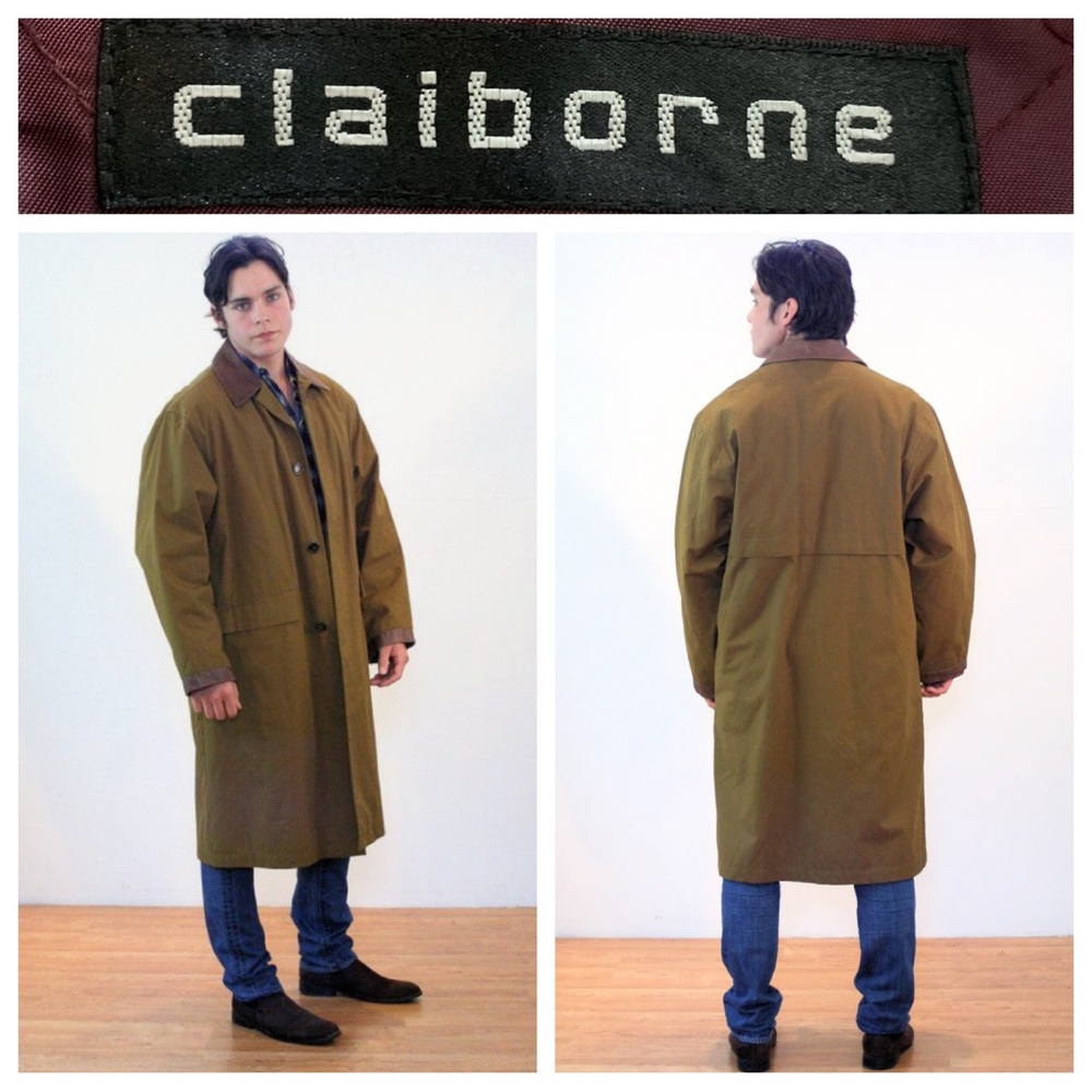 90s VTG Claiborne Mens Trench Raincoat Rancher Jacket Coat Faux Leather Trim